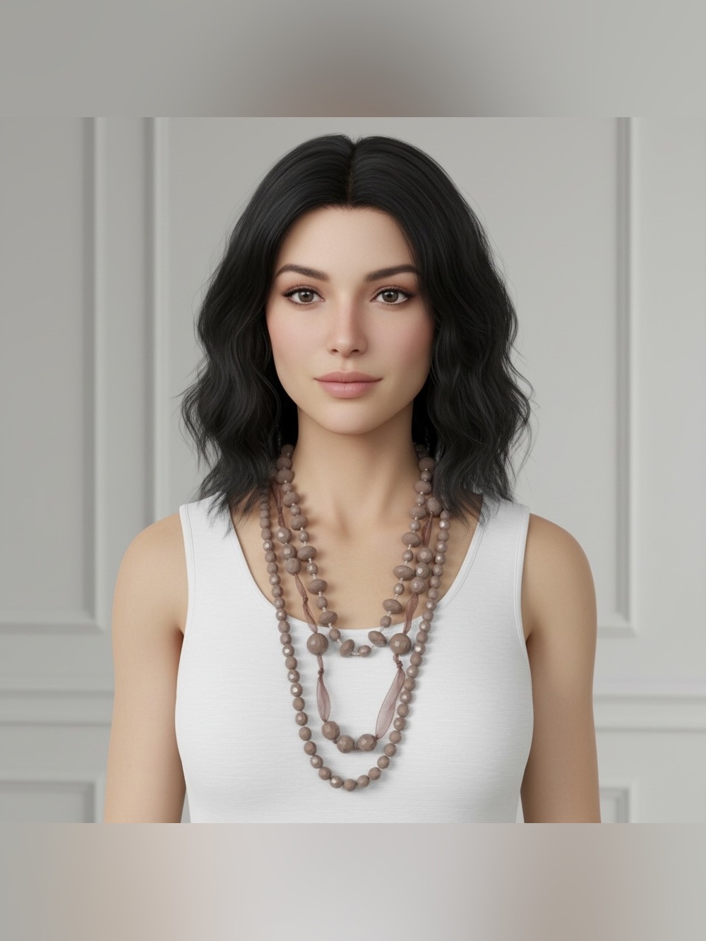 New York & Company Taupe Faceted Bead Layered Necklace with Organza Ribbon- NWOT